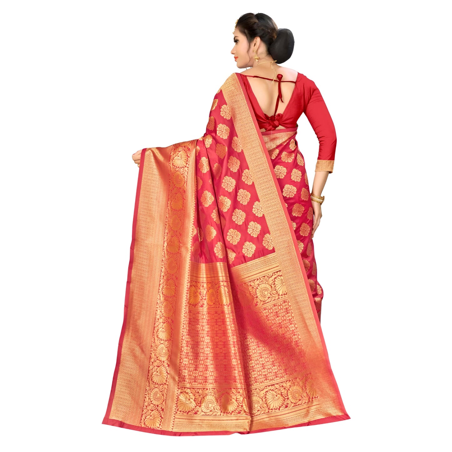 Front angle shot highlighting pallu design in wine red Banarasi silk with gold thread work