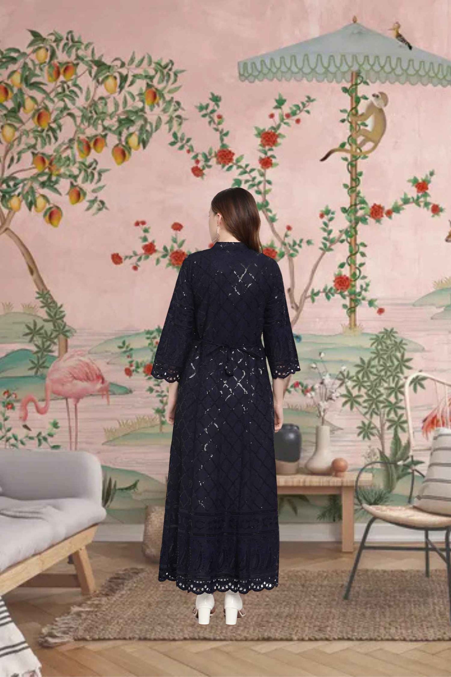 Rear shot showcasing intricate indigo artistry