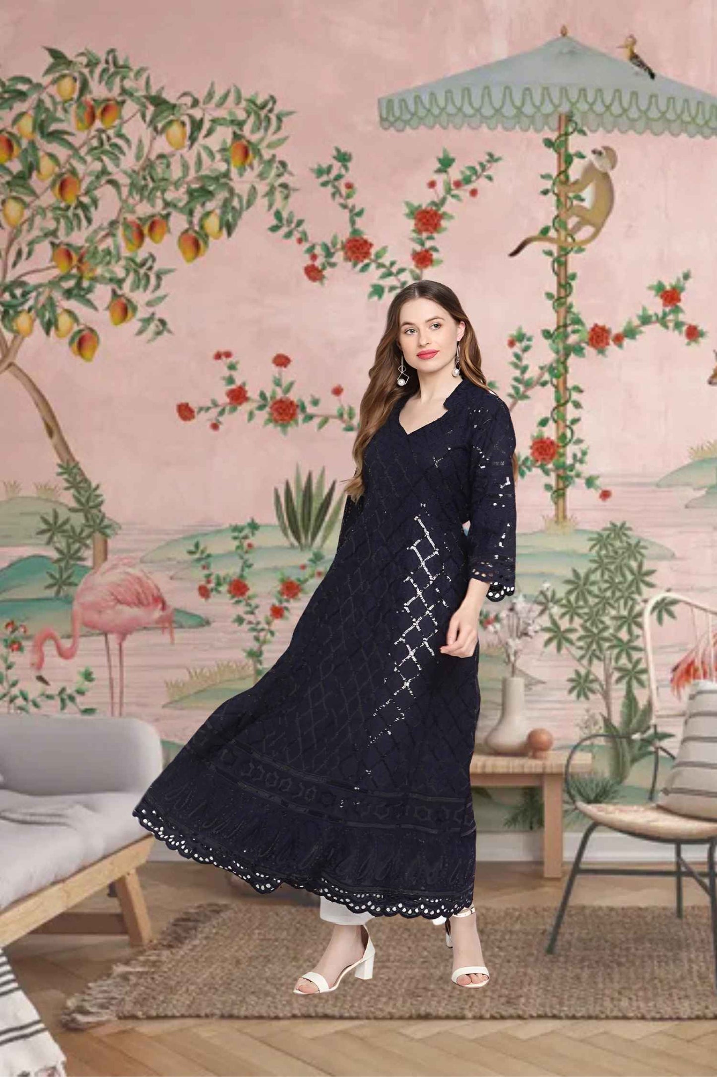 Front view: Navy kurti with midnight embroidery under moonlight