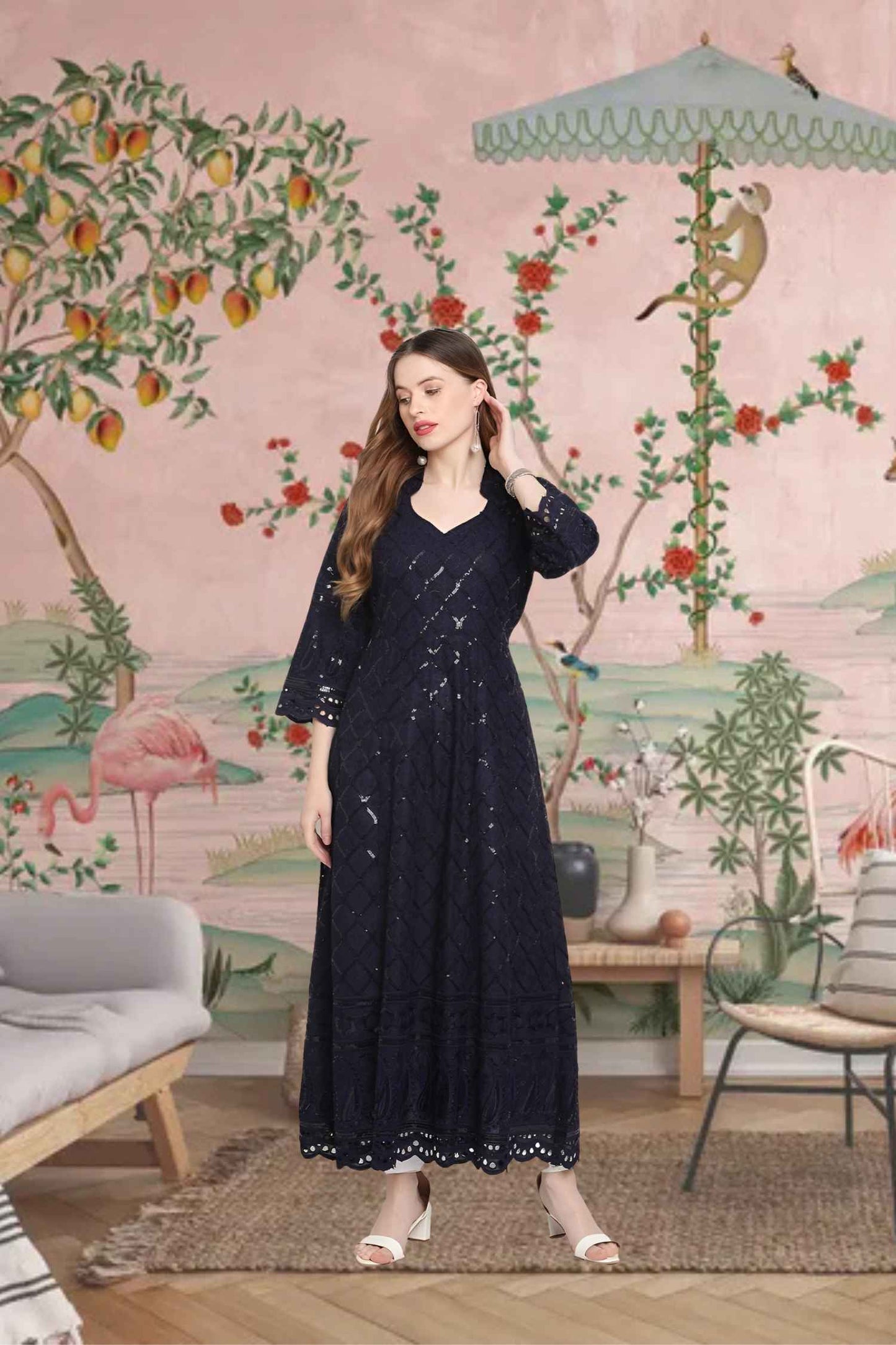 Front view: Navy kurti with midnight embroidery under moonlight