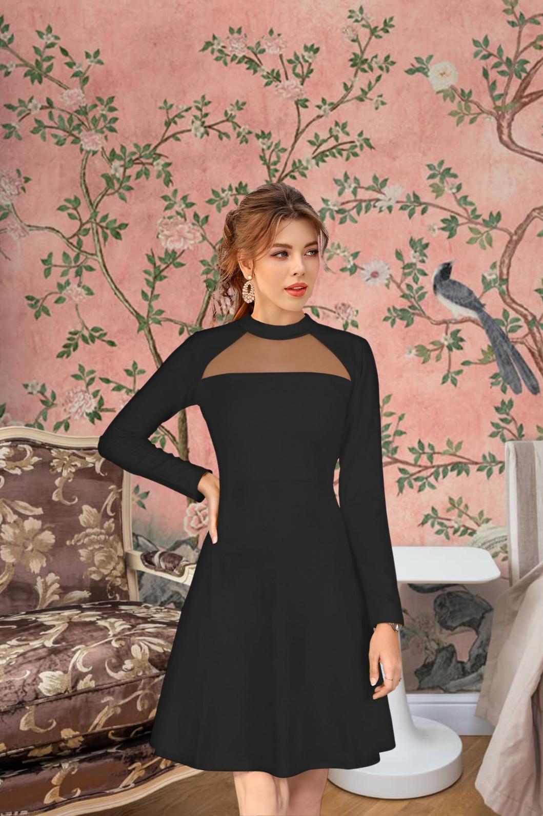 Model in black monochrome dress – soft palace lighting, poised stance