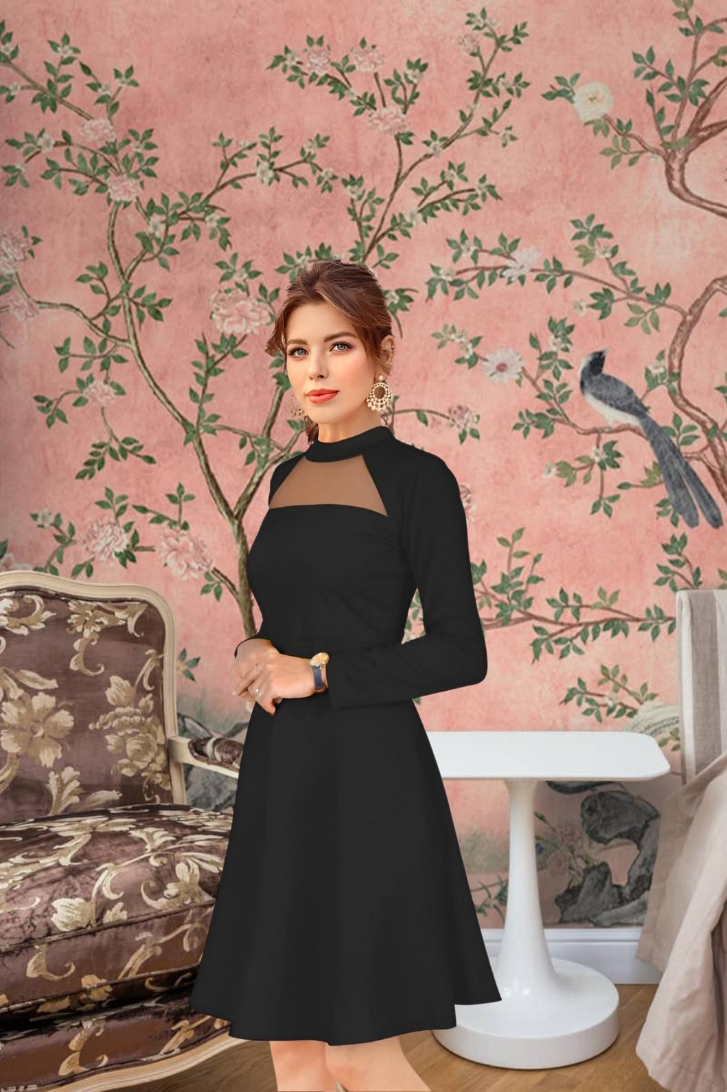 Closeup of sheer neckline – soft contrast against bold black fabric