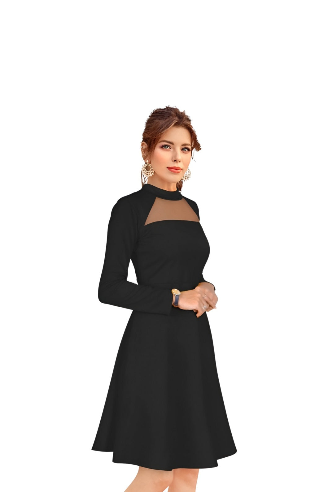 Studio side pose – flowy knit structure on white backdrop