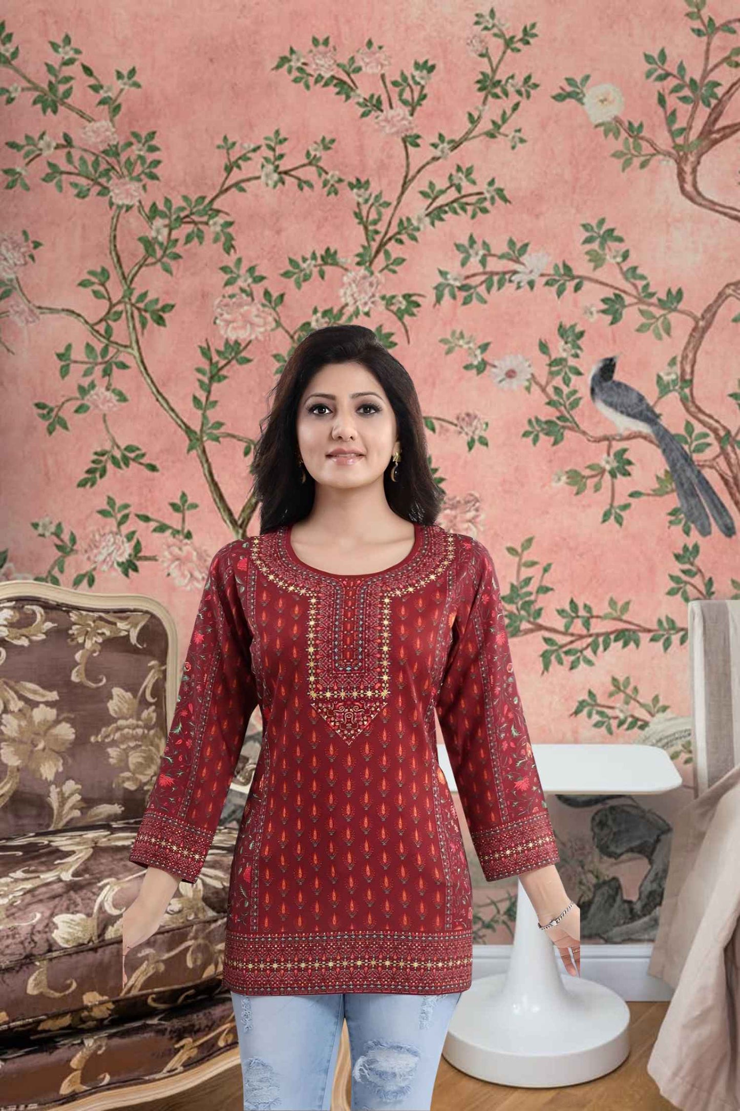 Front view of red kurti bathed in fading sunset