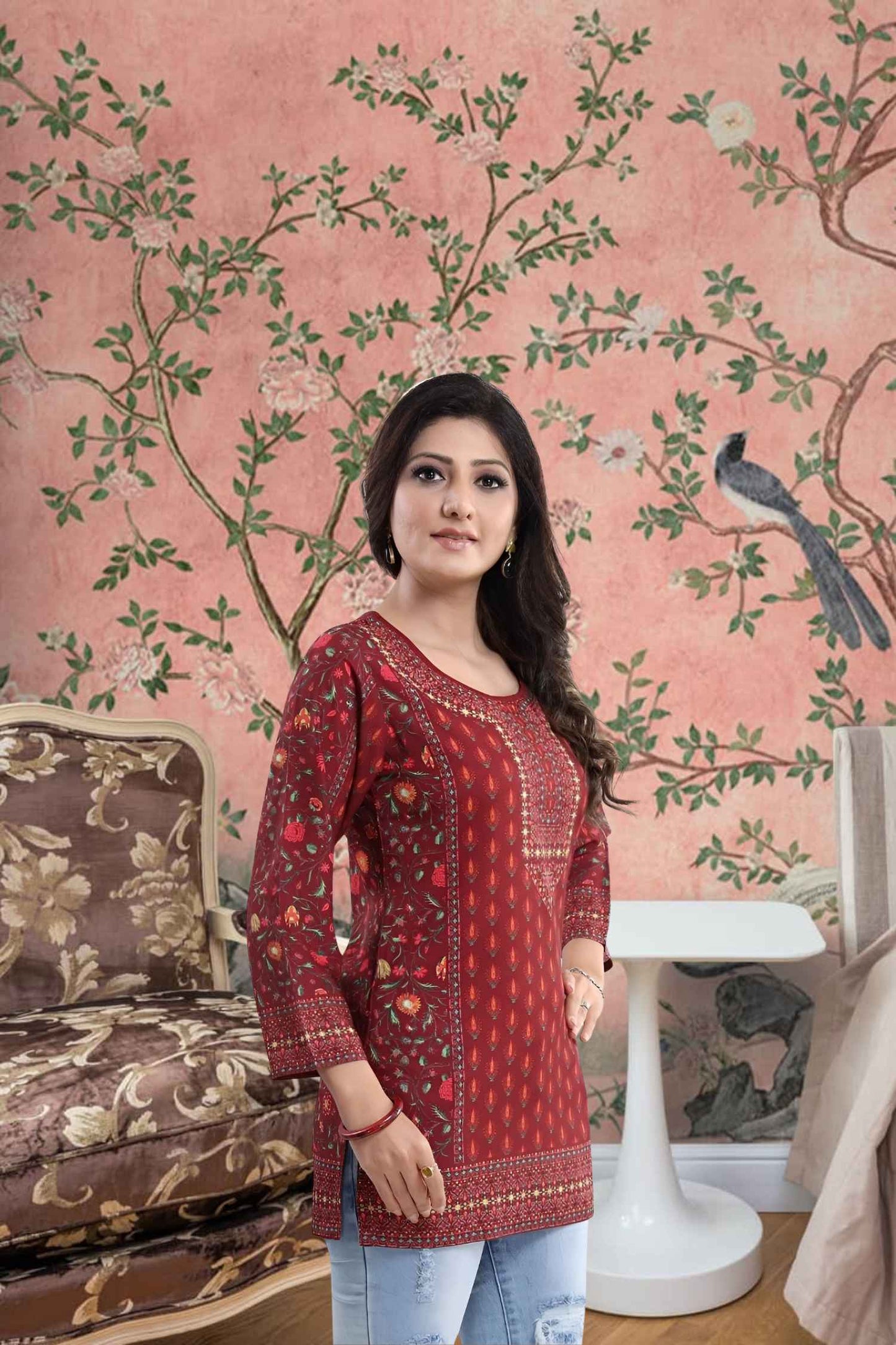 Profile capturing the hem’s smoldering drape