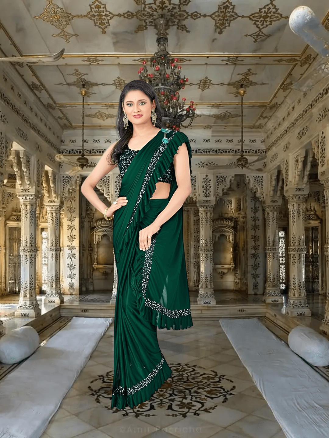 Emerald green Lycra saree with shiny black blouse – party wear drape