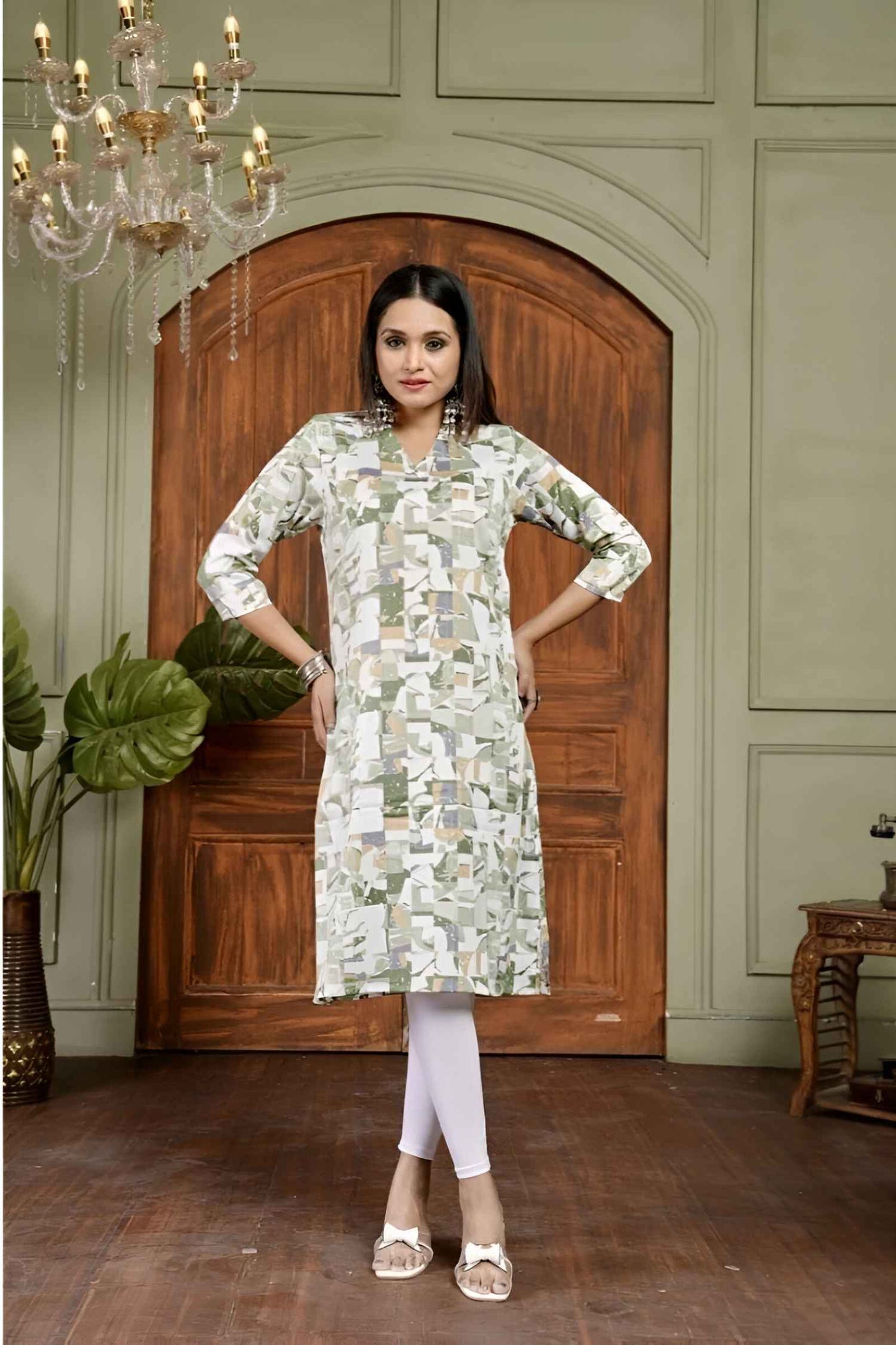 Front view: Green kurti with a forest backdrop, soft and inviting