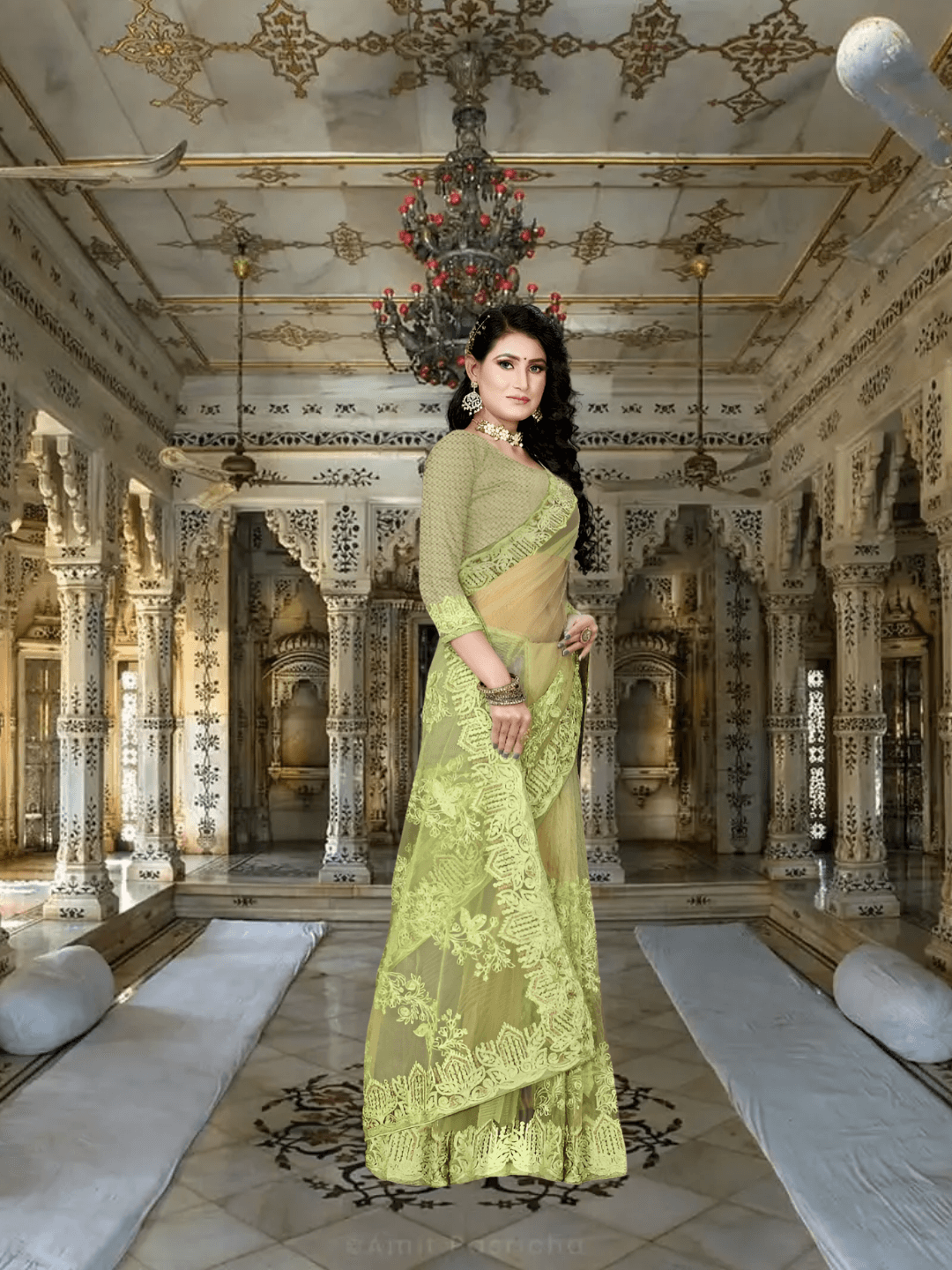Netted pista green saree glowing under vintage palace lanterns, embroidery catching warm gold