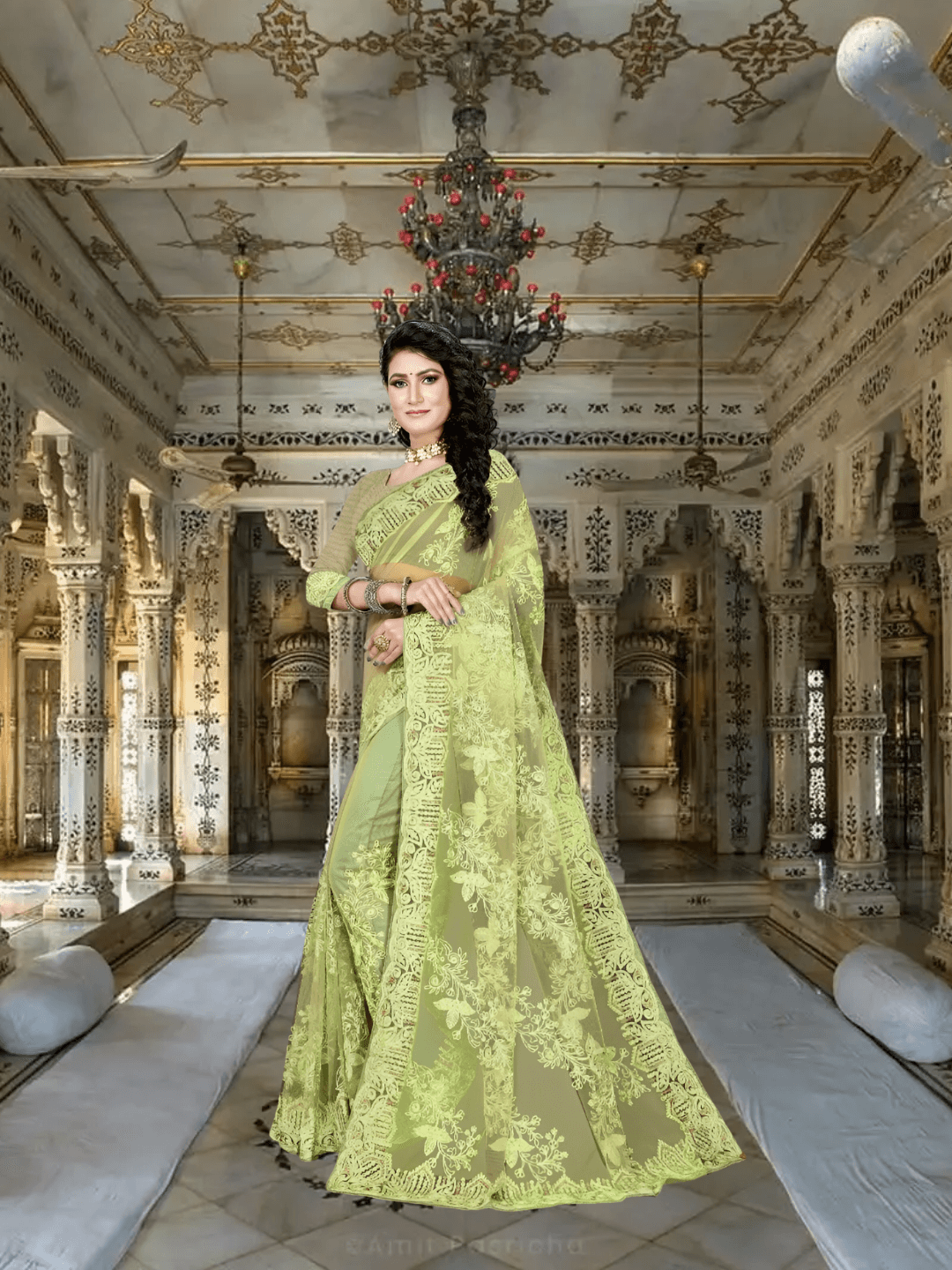 Model in poised step, pista green fabric flowing like painted spring air