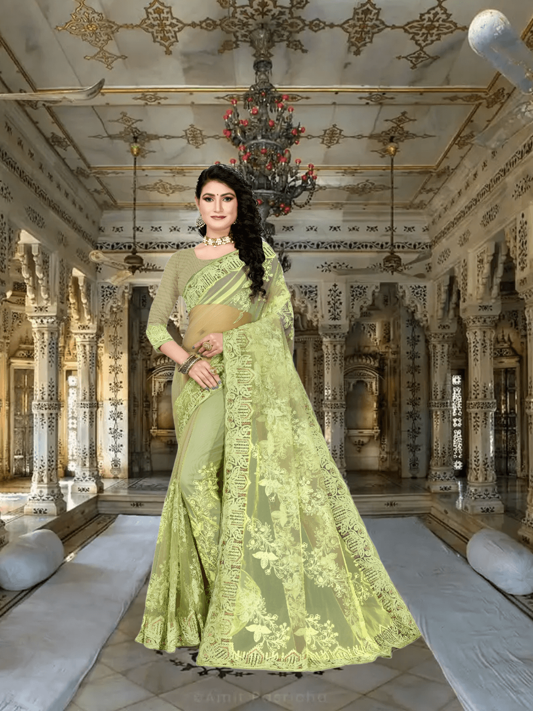 Close-up of translucent net over skin, intricate stitching framing collarbones