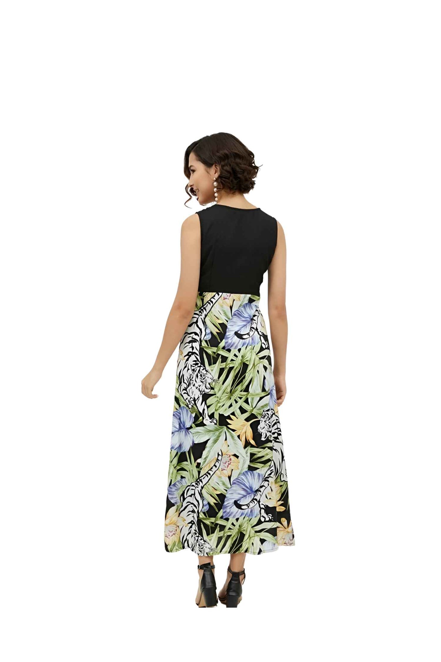 Back view of the dress isolated, emphasizing the intricate floral density on skirt