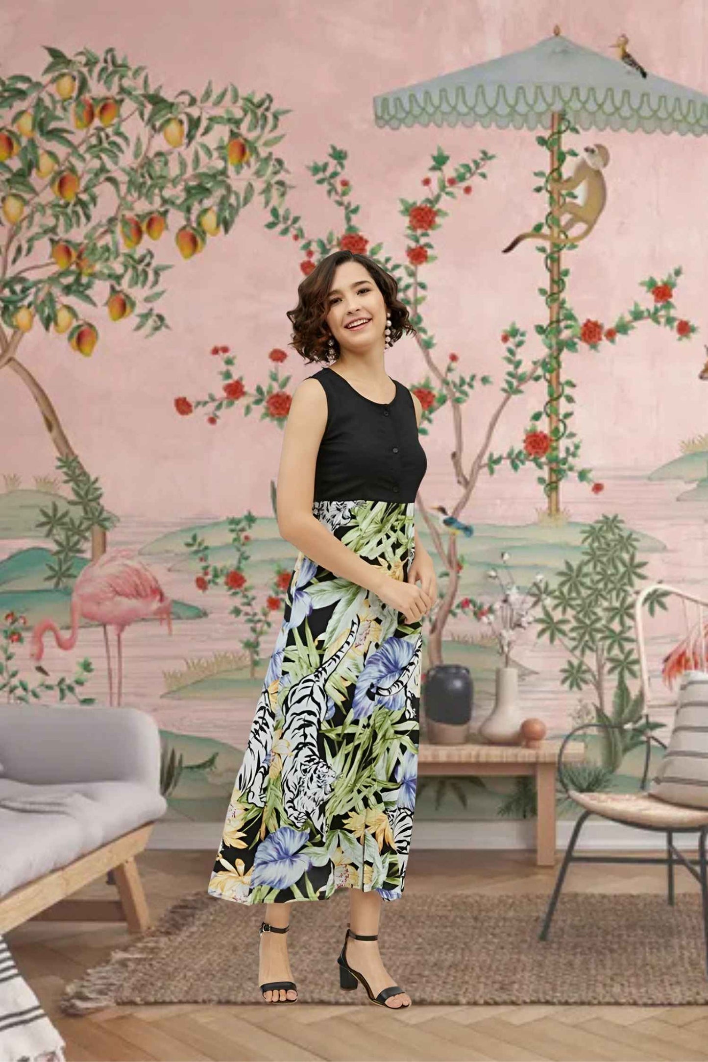 Side profile of the rayon dress in motion, showcasing the dusk-to-dawn gradient effect