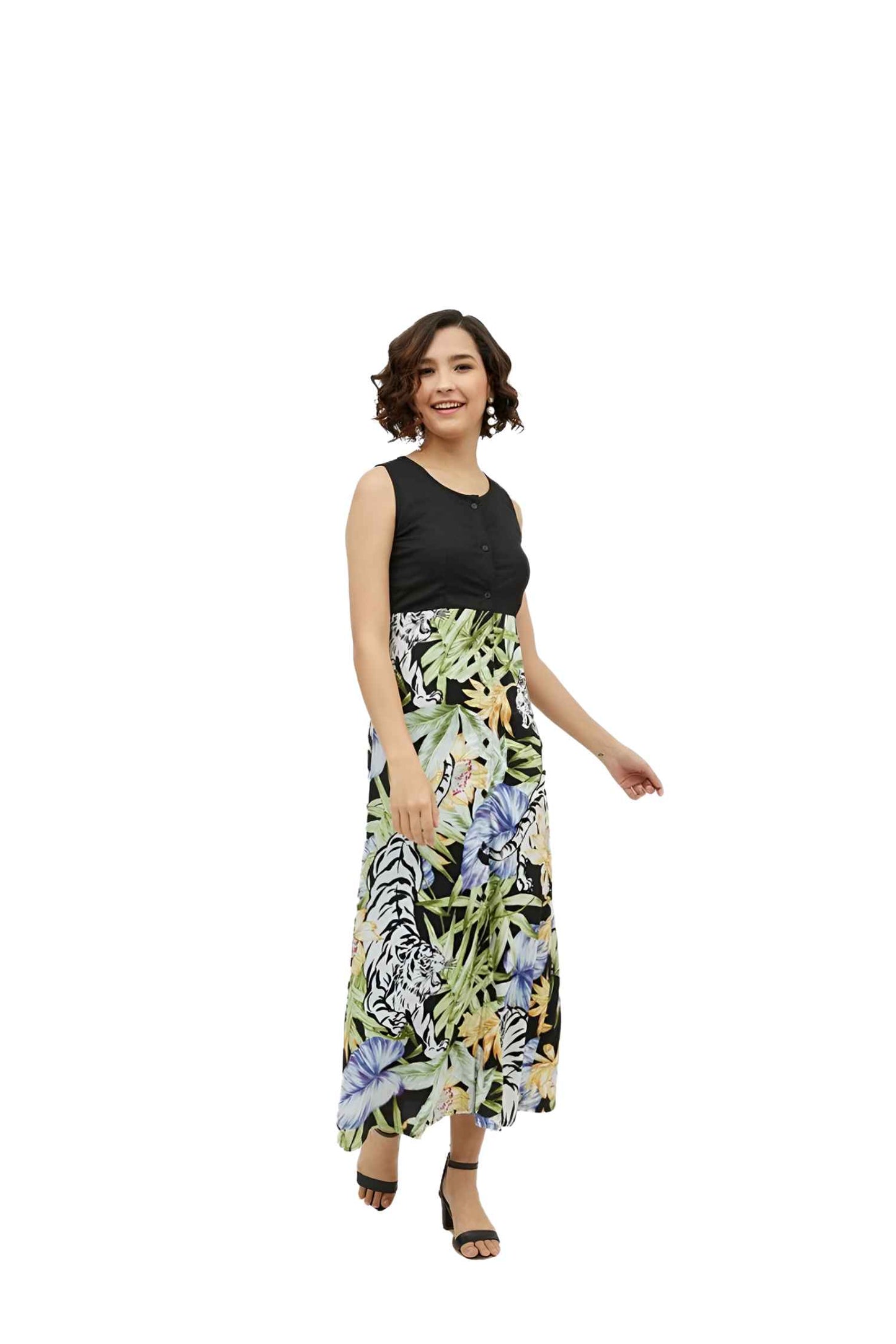 Side silhouette of calf-length dress showing sleek bodice and flowing skirt