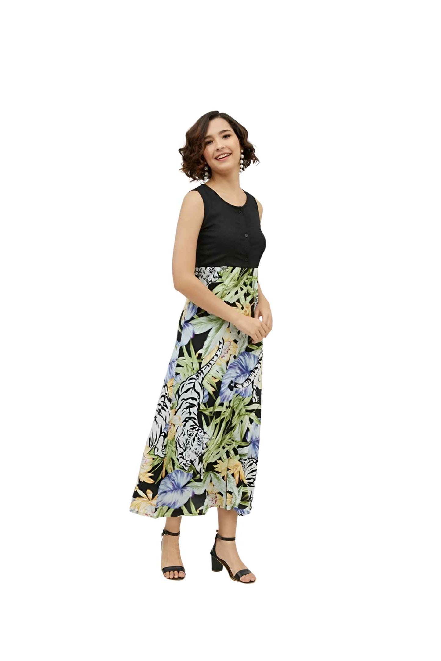 Side silhouette of calf-length dress showing sleek bodice and flowing skirt