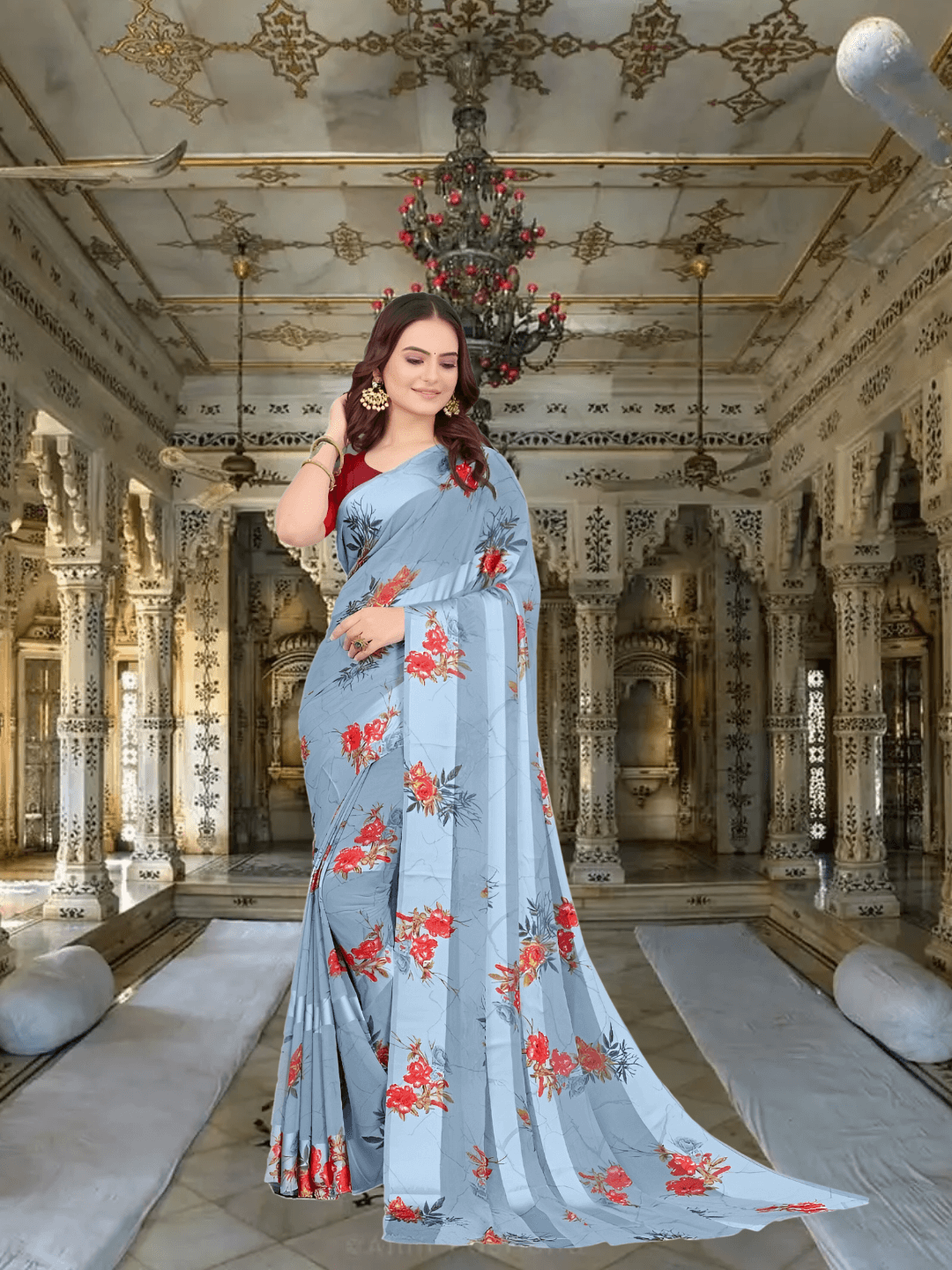 No Asymmetric floral prints on light blue saree pallu