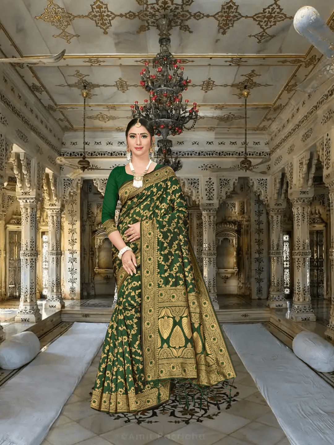 Dark green saree, gold vines glowing like bioluminescence