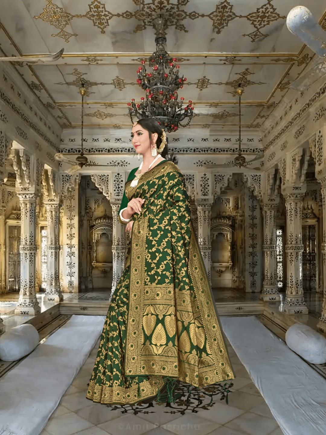 Model walking: gold leaf patterns appearing to rustle with motion