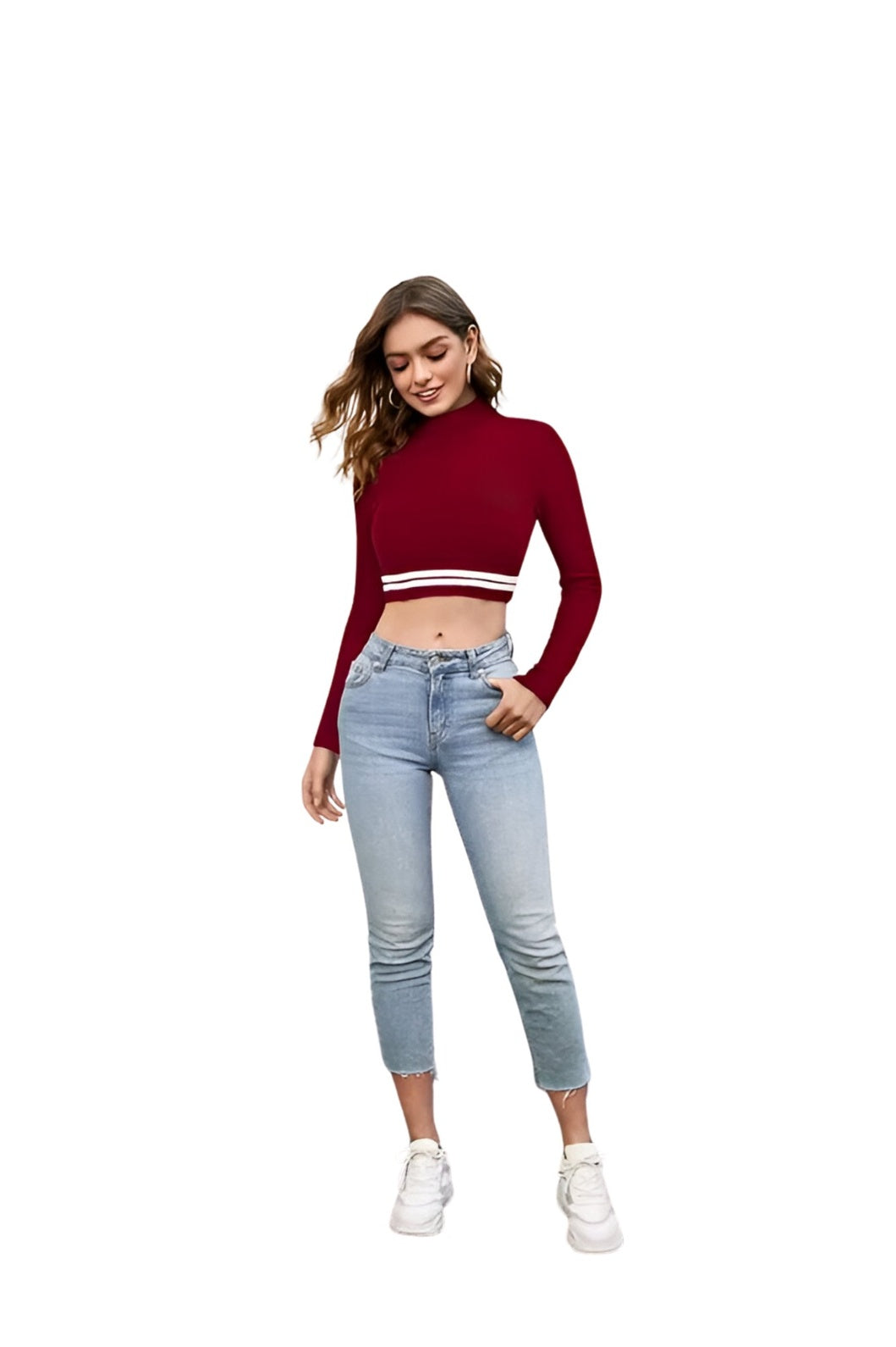Isolated front view—maroon top with curve-loving finish