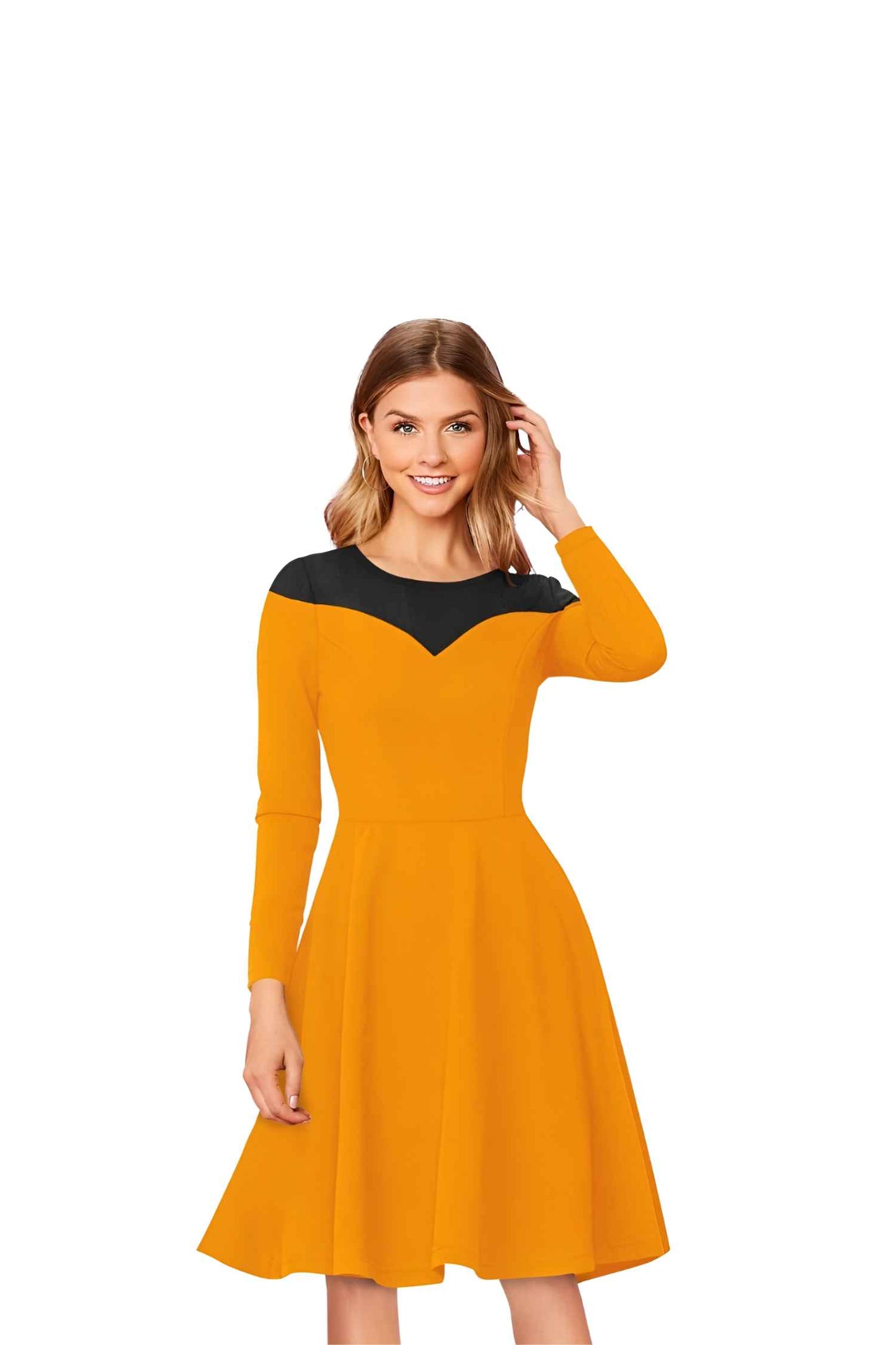 Front view of Golden Contrast yellow knit dress with black accents, isolated on white for clean display.