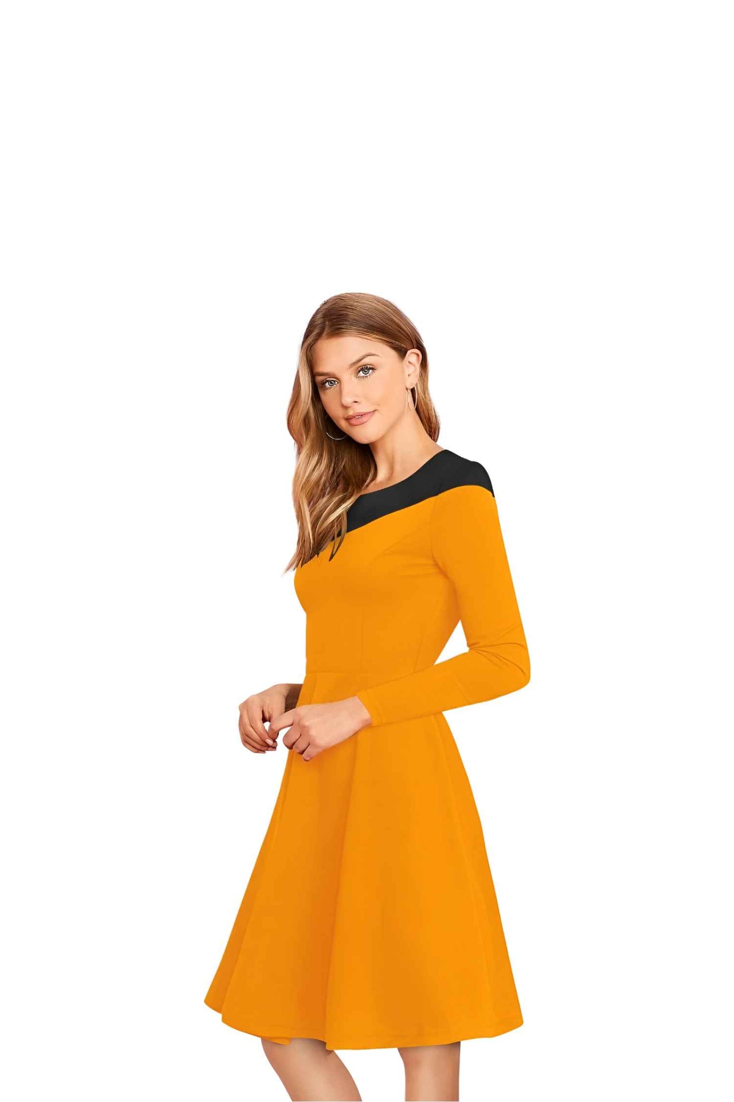 Side profile of dress showing contrast panels and silhouette, no background.