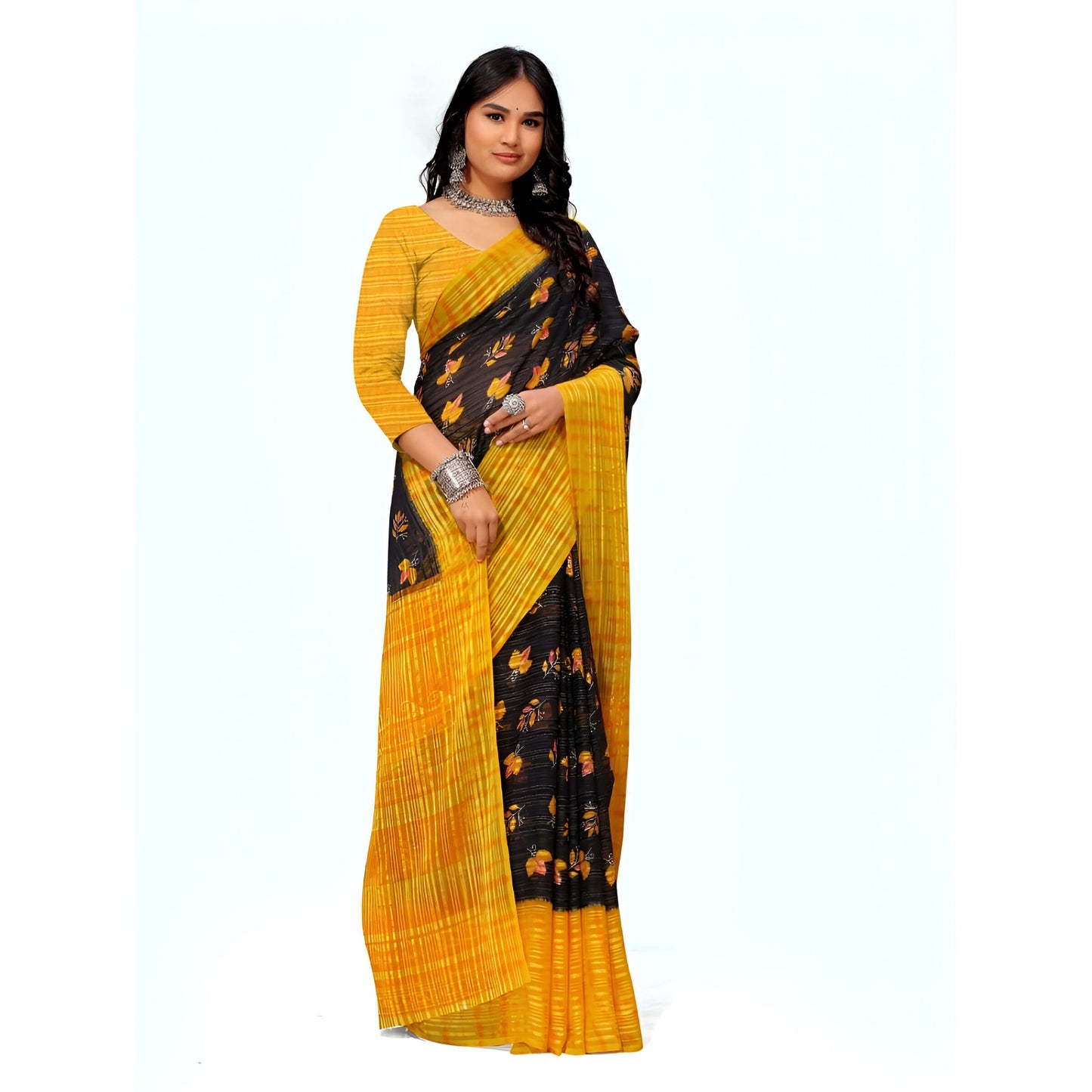 Yellow-black abstract georgette flat lay - pure white