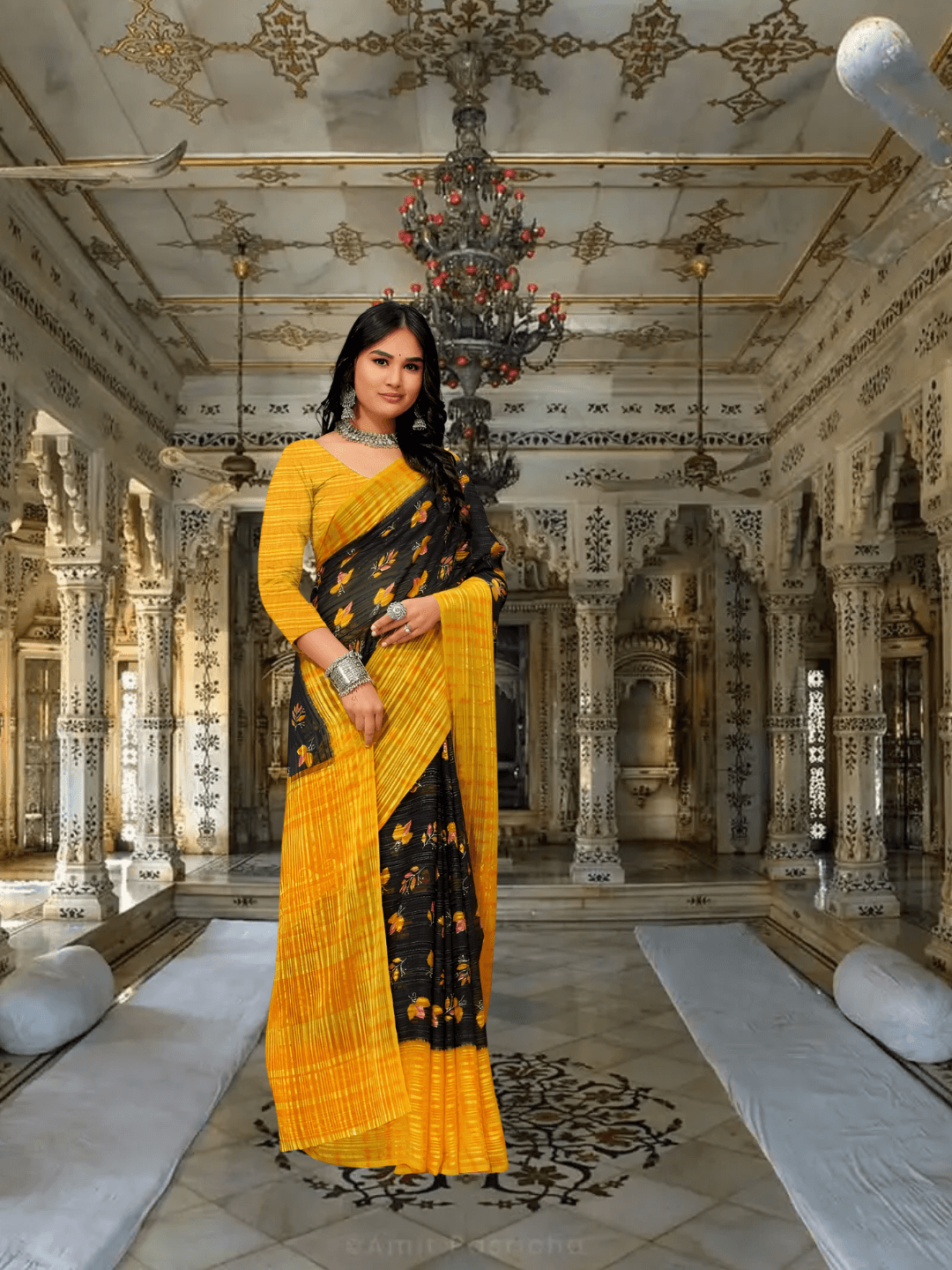 Yellow-black georgette saree glowing in sunlight – solar-lunar contrast