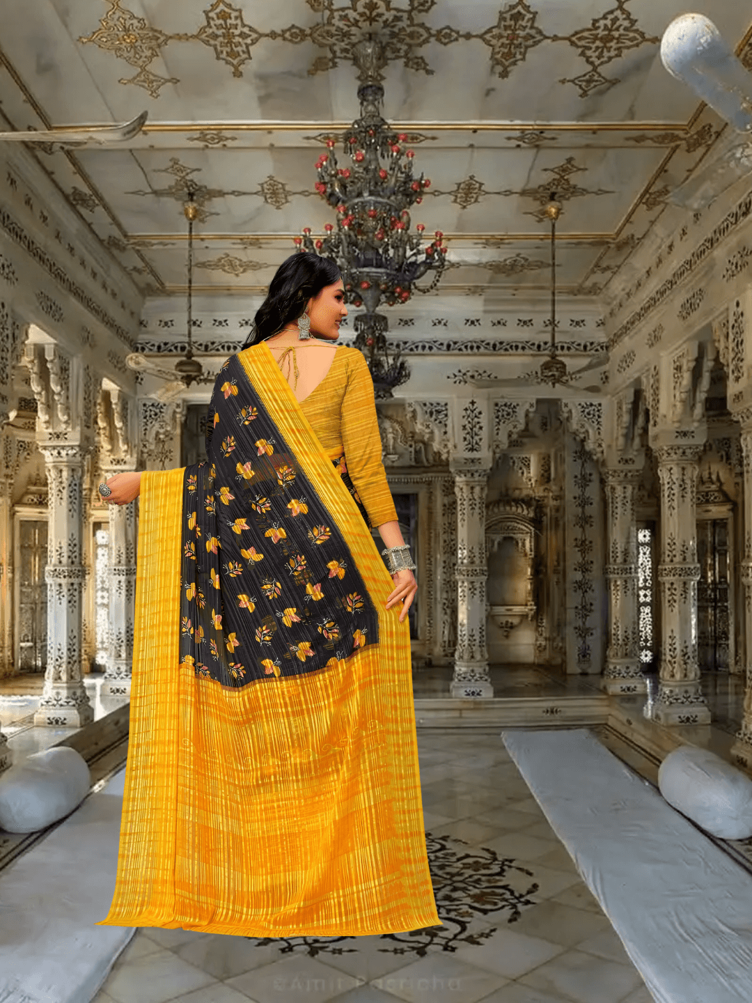 Model flipping pallu to show abstract yellow-black patterns