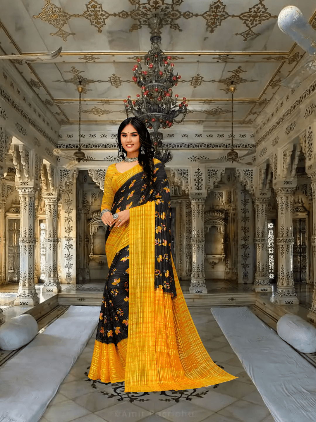 Yellow-black georgette saree glowing in sunlight – solar-lunar contrast