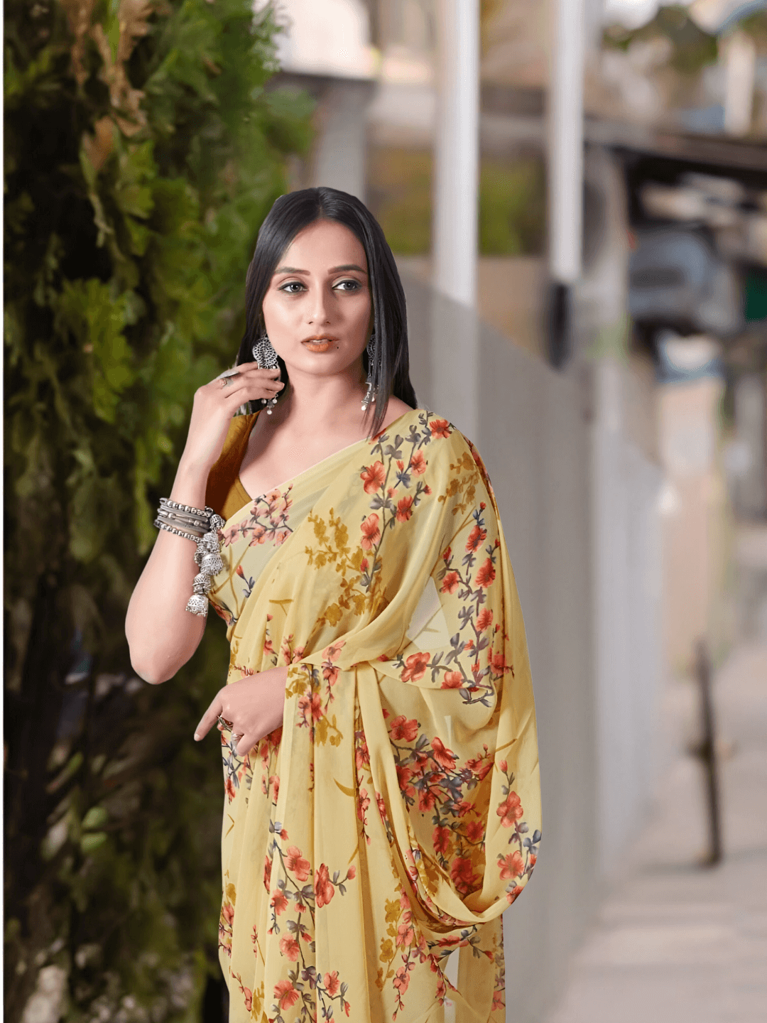 Yellow abstract saree glowing in golden hour – wearable modern art