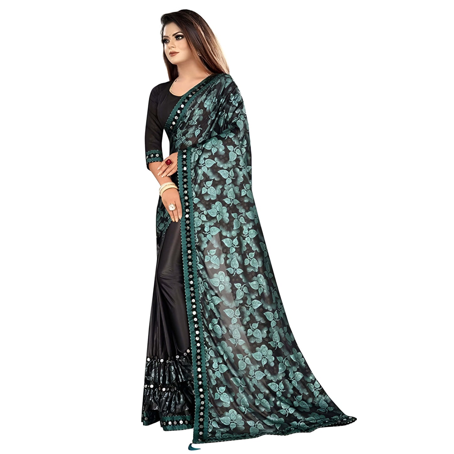 Close-up of premium Lycra fabric - wrinkle-resistant green office saree material