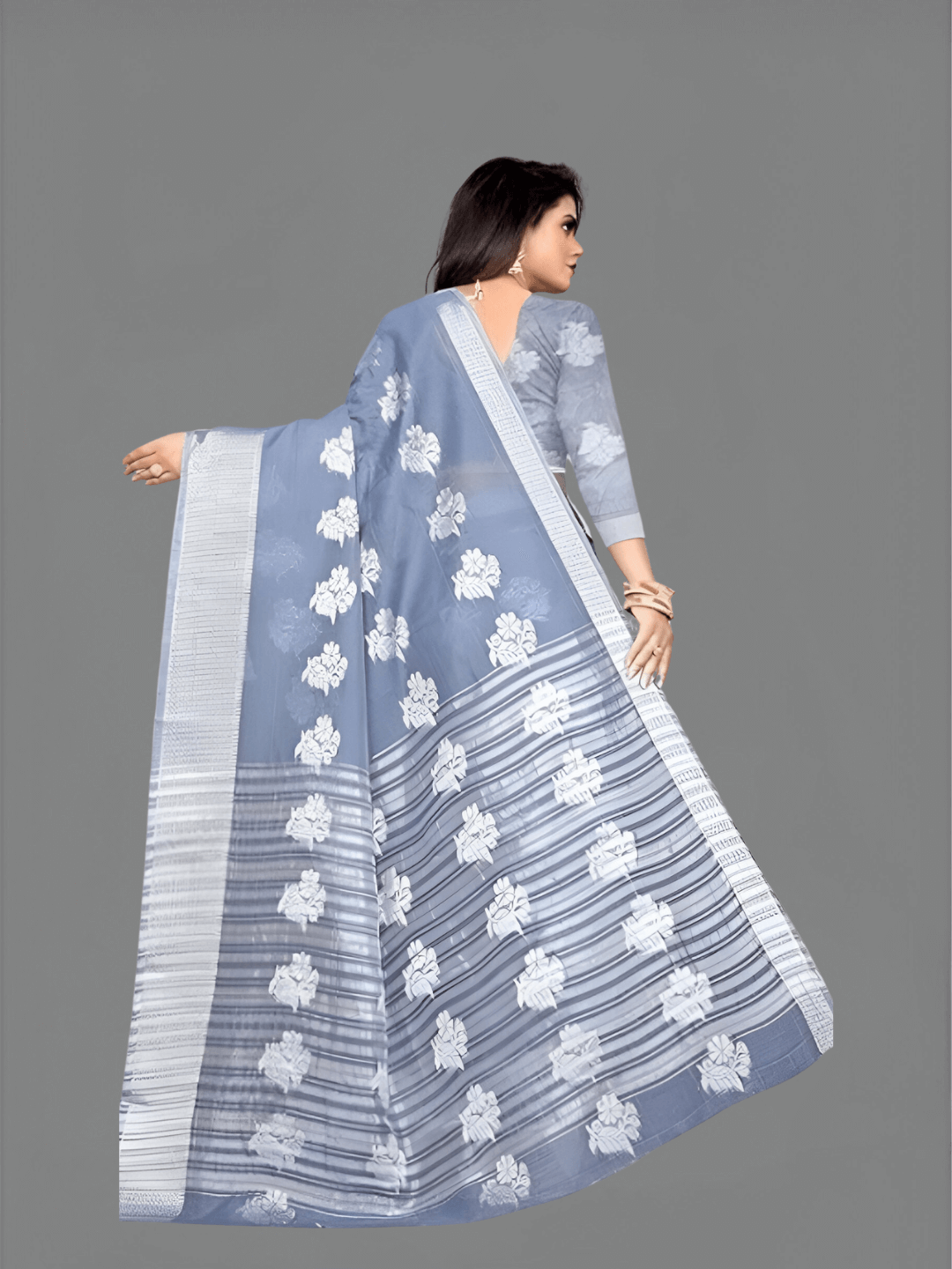 Intricate work on grey cotton silk saree border