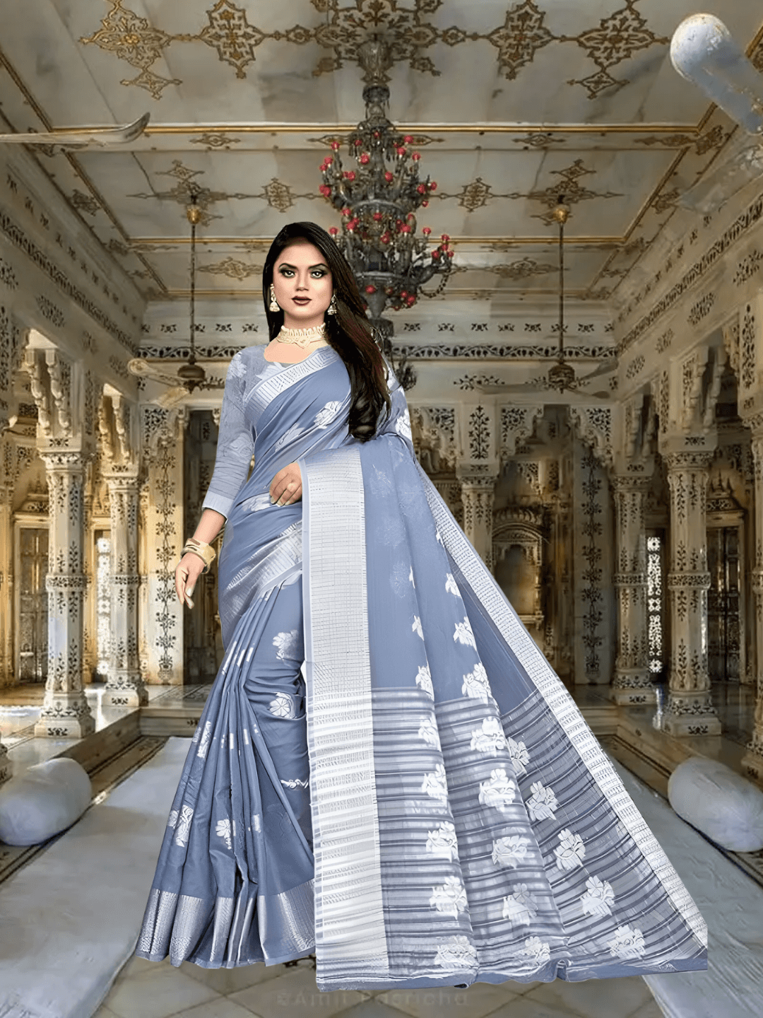 Professional drape style for grey cotton silk saree with pleated pallu