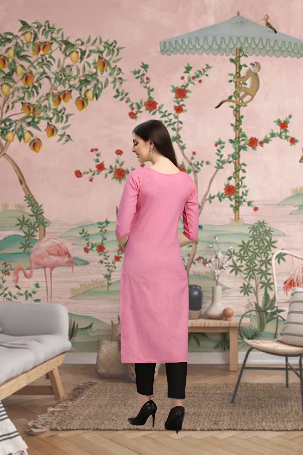 Back view of CELESTINA pink cotton kurti in palace setting