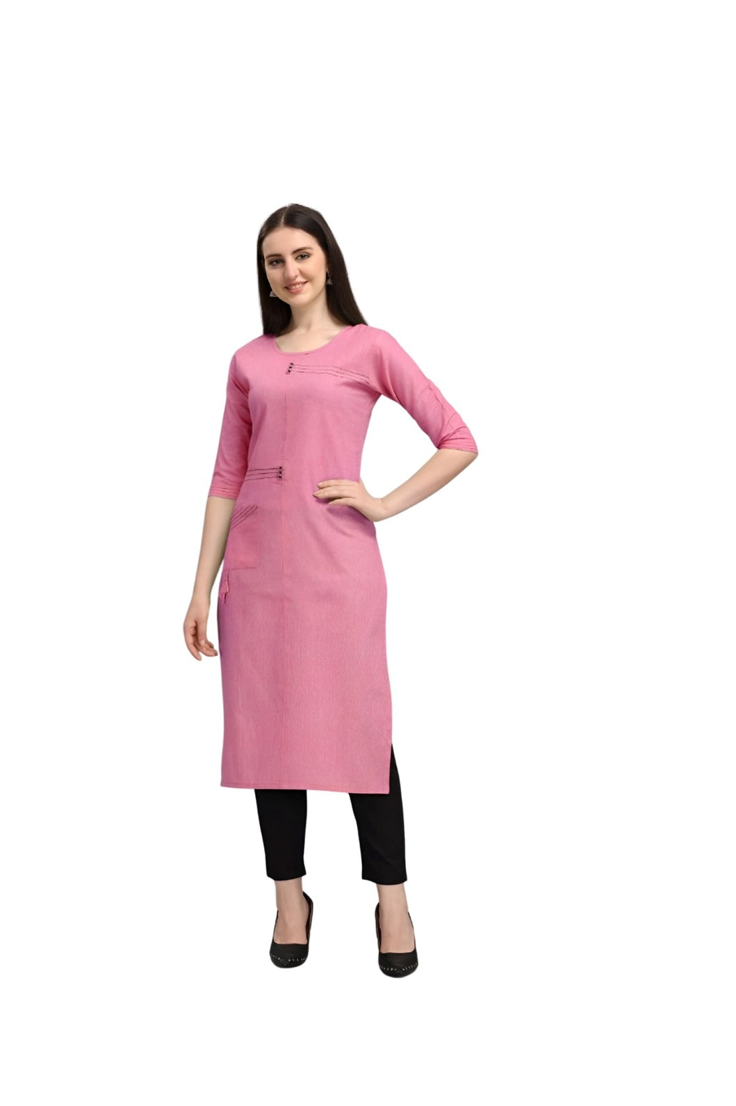 Studio front view of pink cotton straight kurti