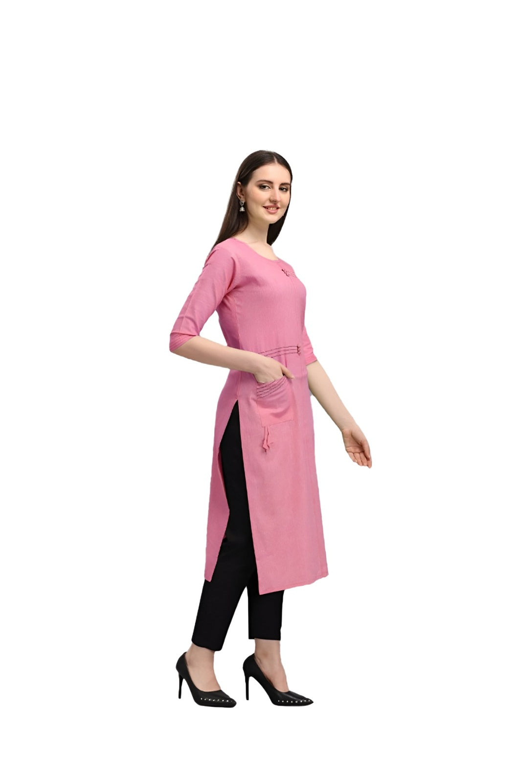 Left angle studio shot of pink CELESTINA cotton kurti