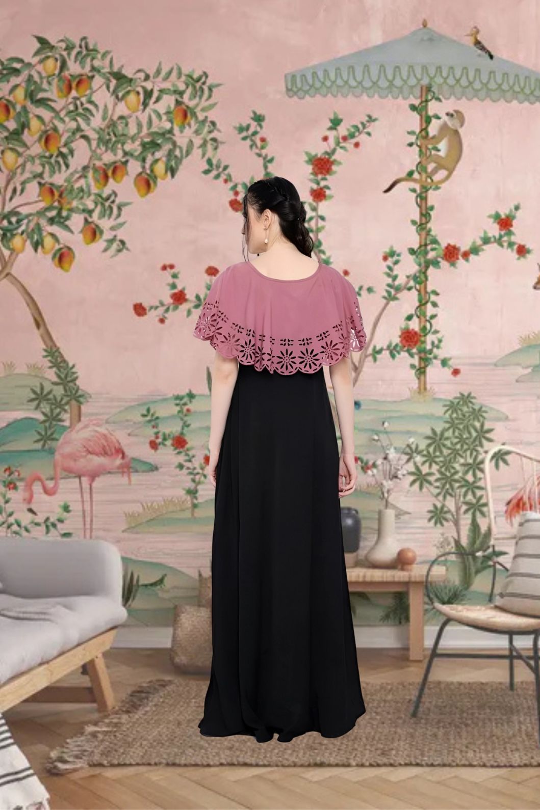 Back view of CELESTINA peach-black full-length crepe gown