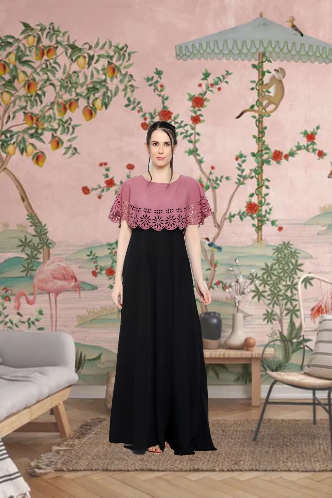 Front view of peach and black sleeveless gown in royal background