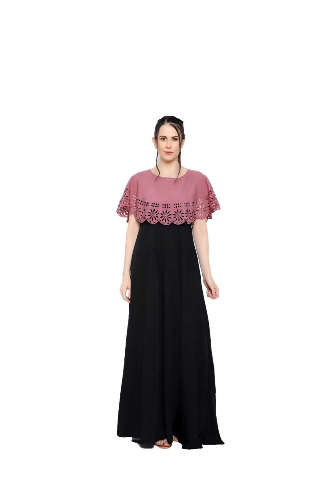 Studio front shot of sleeveless peach-black crepe gown