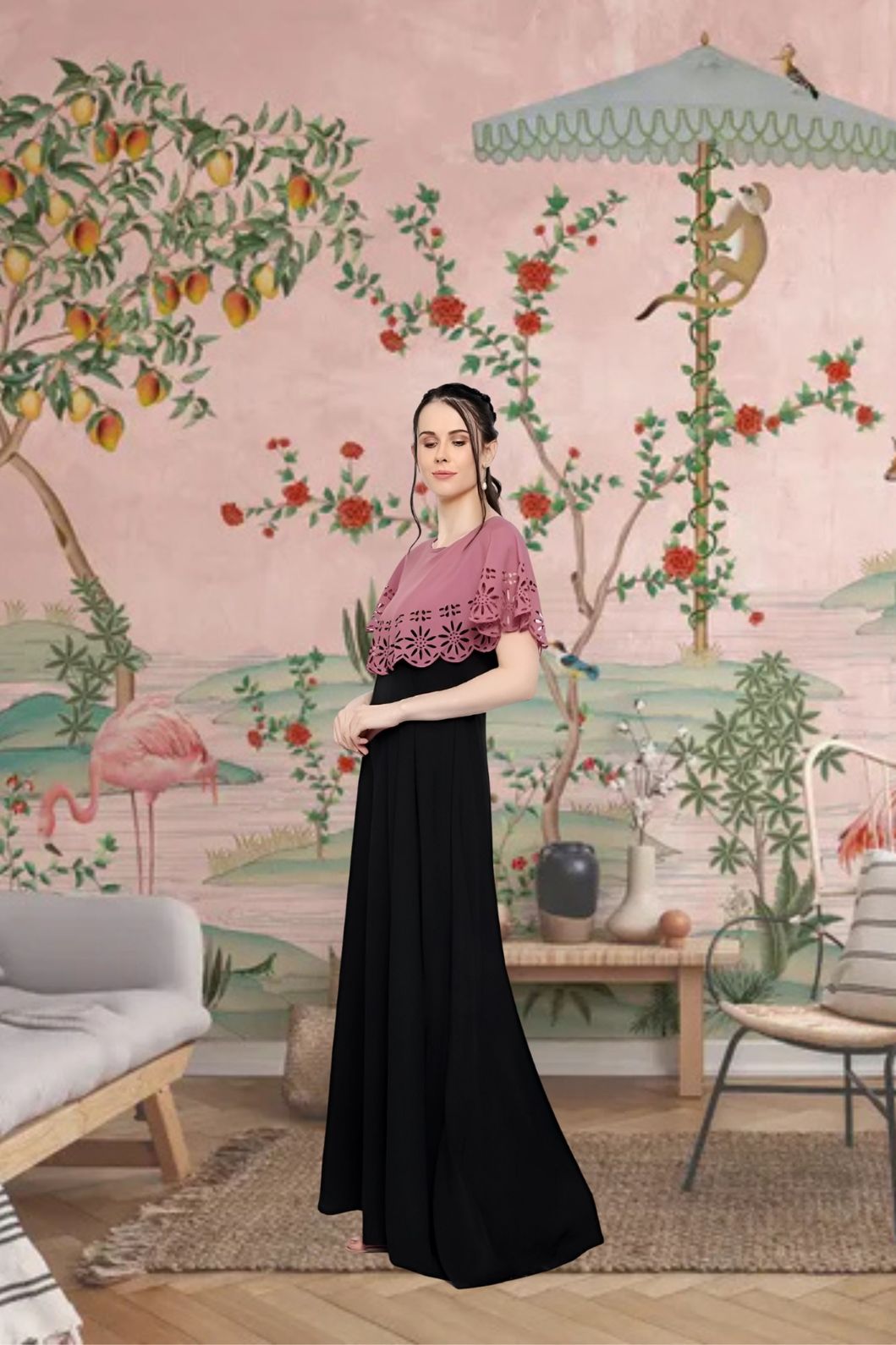 Right view of elegant sleeveless crepe gown