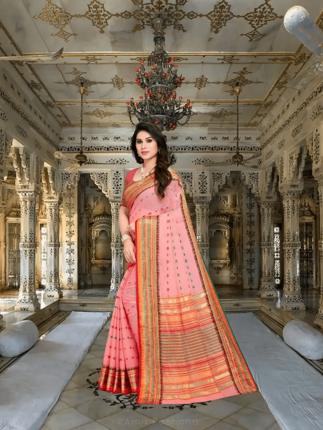 Detailed look of contrast border in light pink Kota Doria saree inside heritage-inspired room