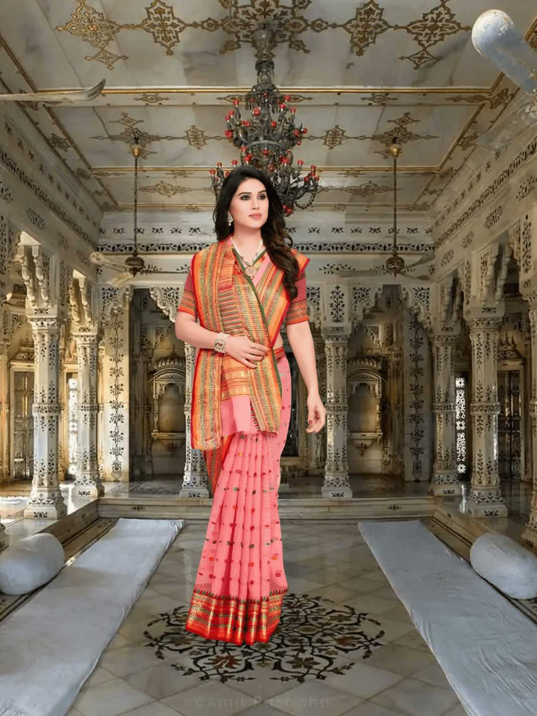 Light pink Kota Doria saree draped in standing pose with elegant contrast border in palace setting
