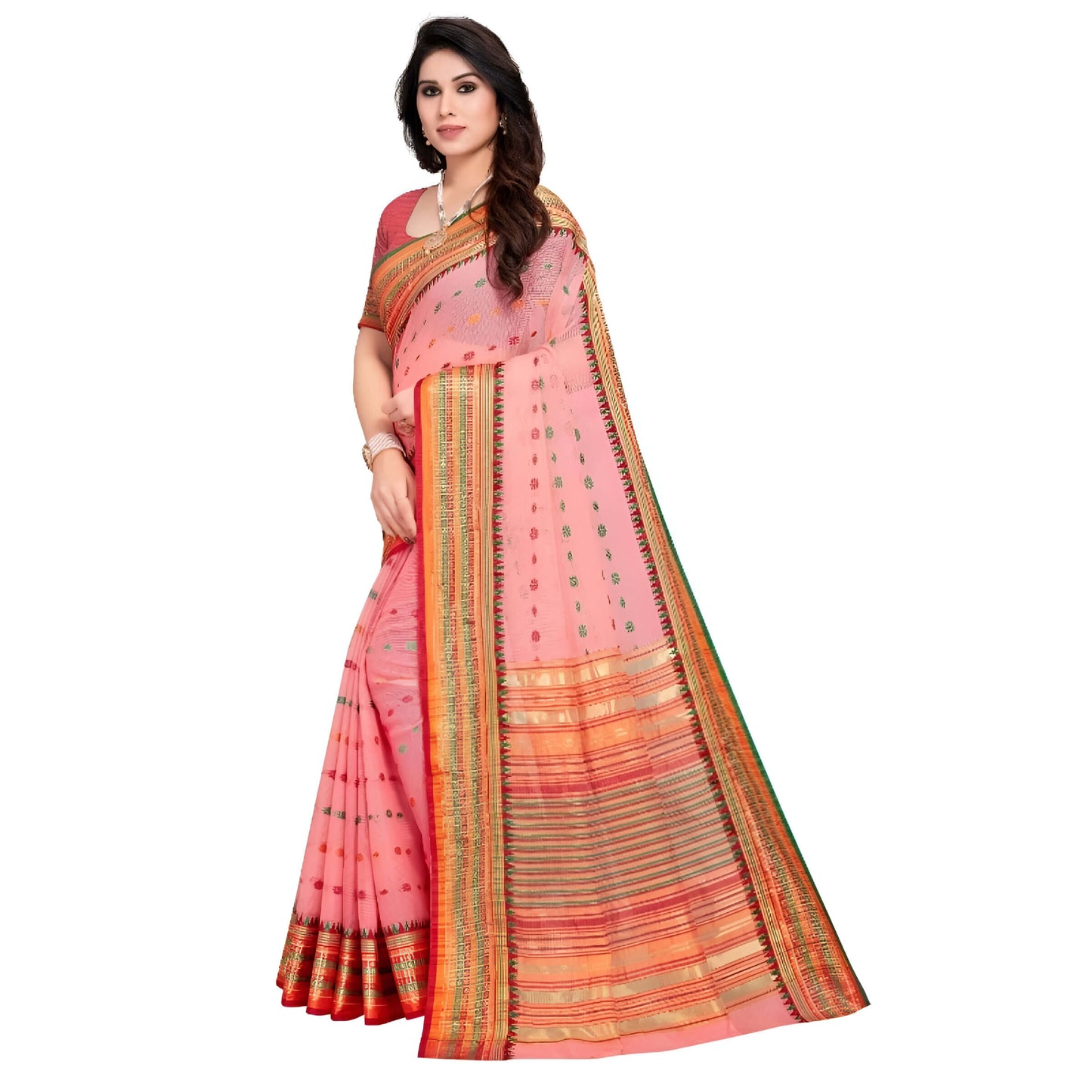 Macro shot of contrast border work highlighting weave and finish on pink saree