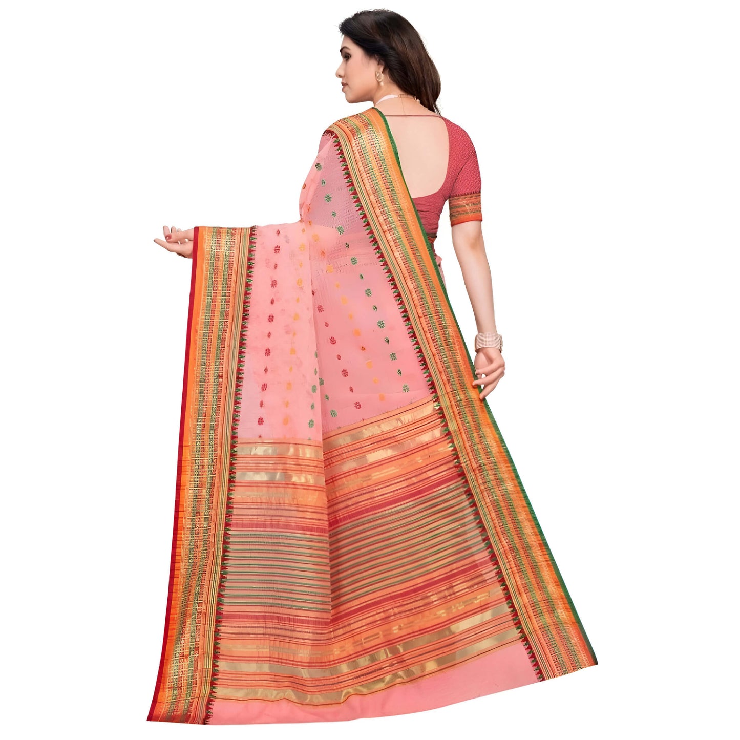 Pallu extended to show soft fabric texture and border details of pink saree