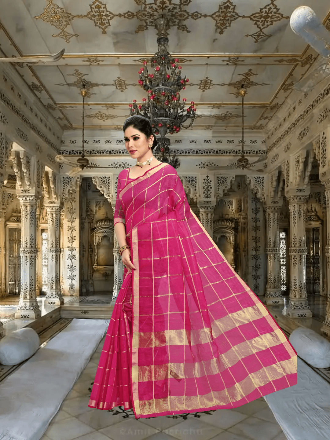 Seated pose on carved stone bench, pleats fanned out, checks glistening subtly in golden light