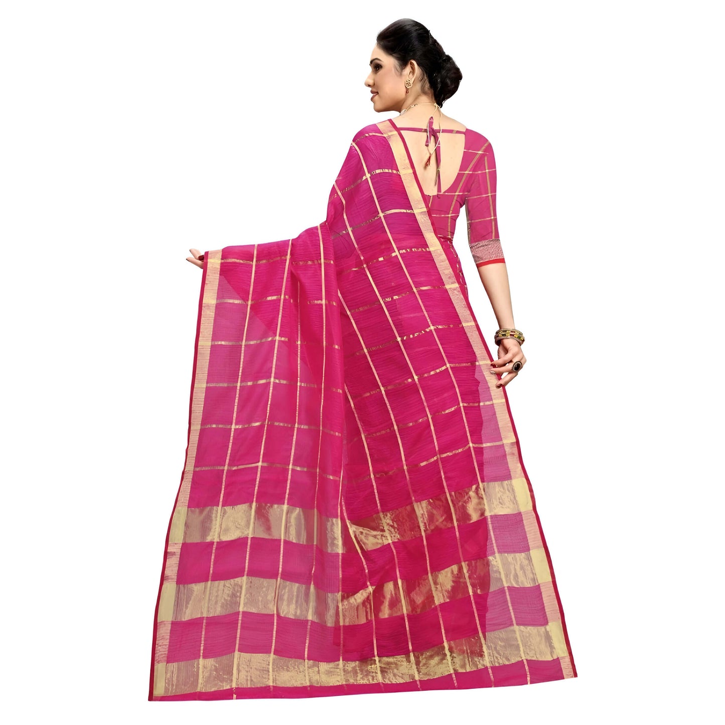 Side angle showing airy pallu mid-flow, translucent cotton revealing graceful shimmer in golden checks