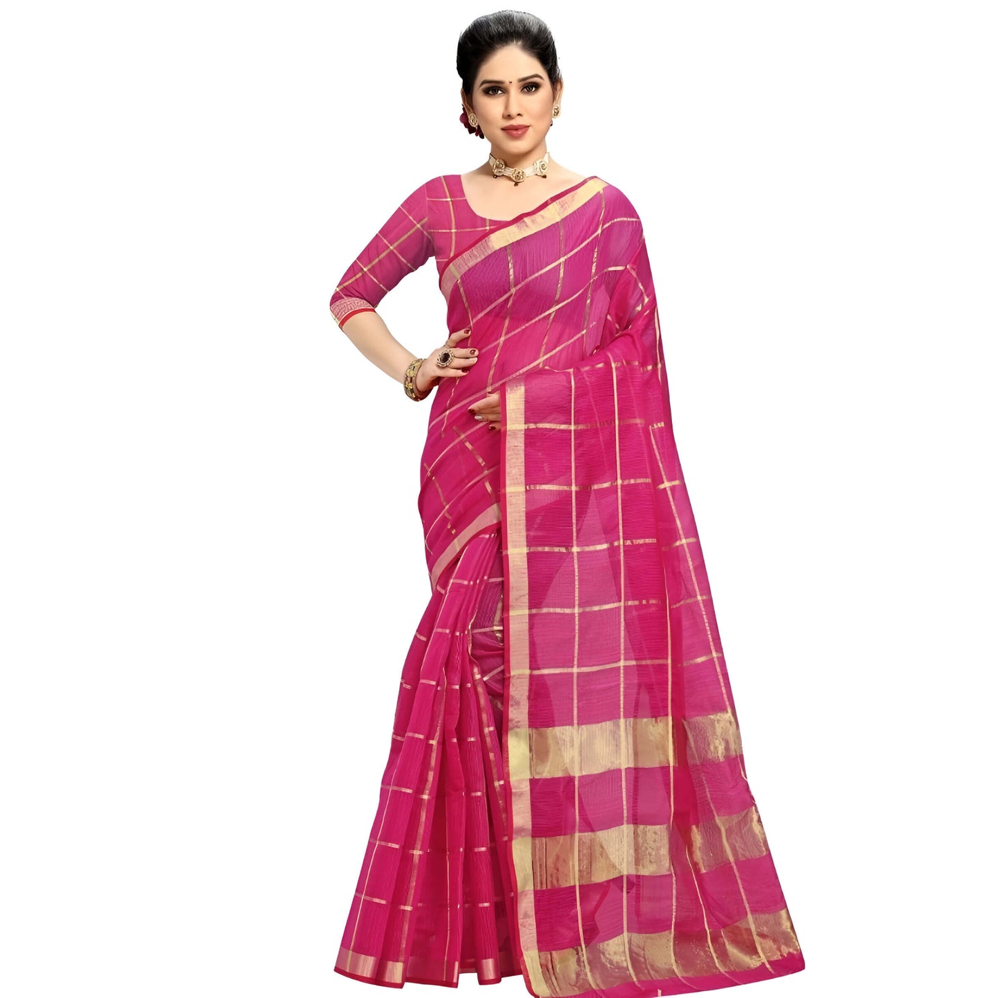Side angle showing airy pallu mid-flow, translucent cotton revealing graceful shimmer in golden checks