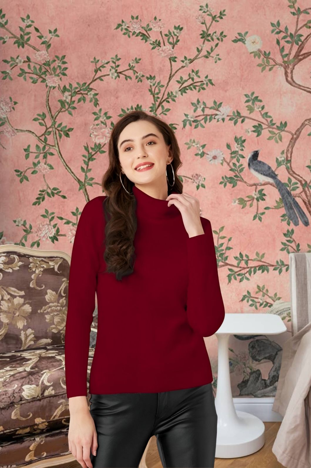 Front view of maroon high-neck full sleeve t-shirt in palace backdrop