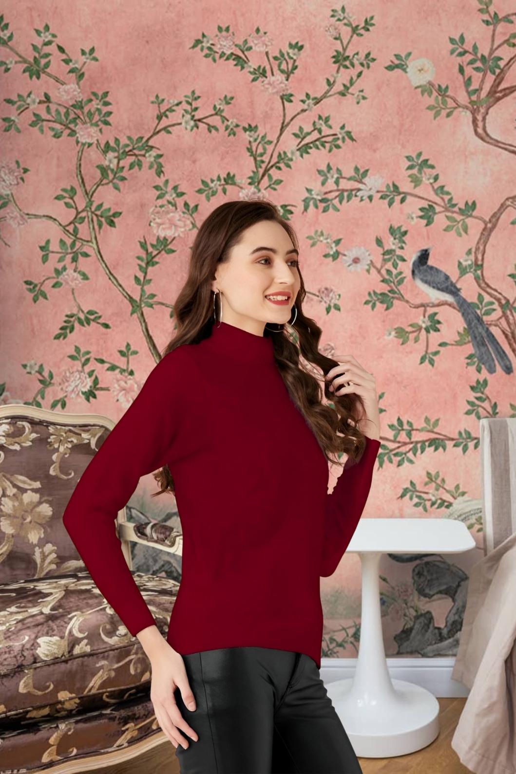 Left angle of maroon full sleeve women's t-shirt