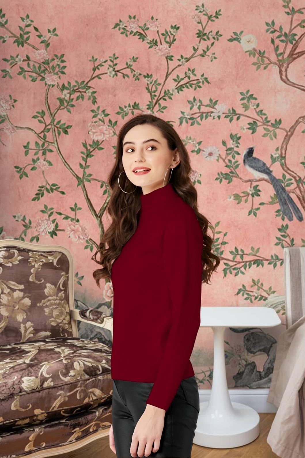 Right side view of maroon high-neck t-shirt in royal setting