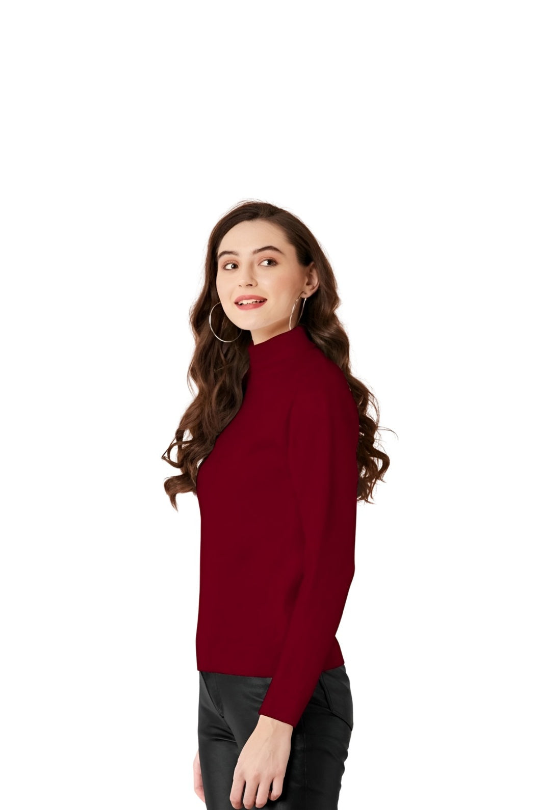 Right side studio pose of maroon high-neck tee